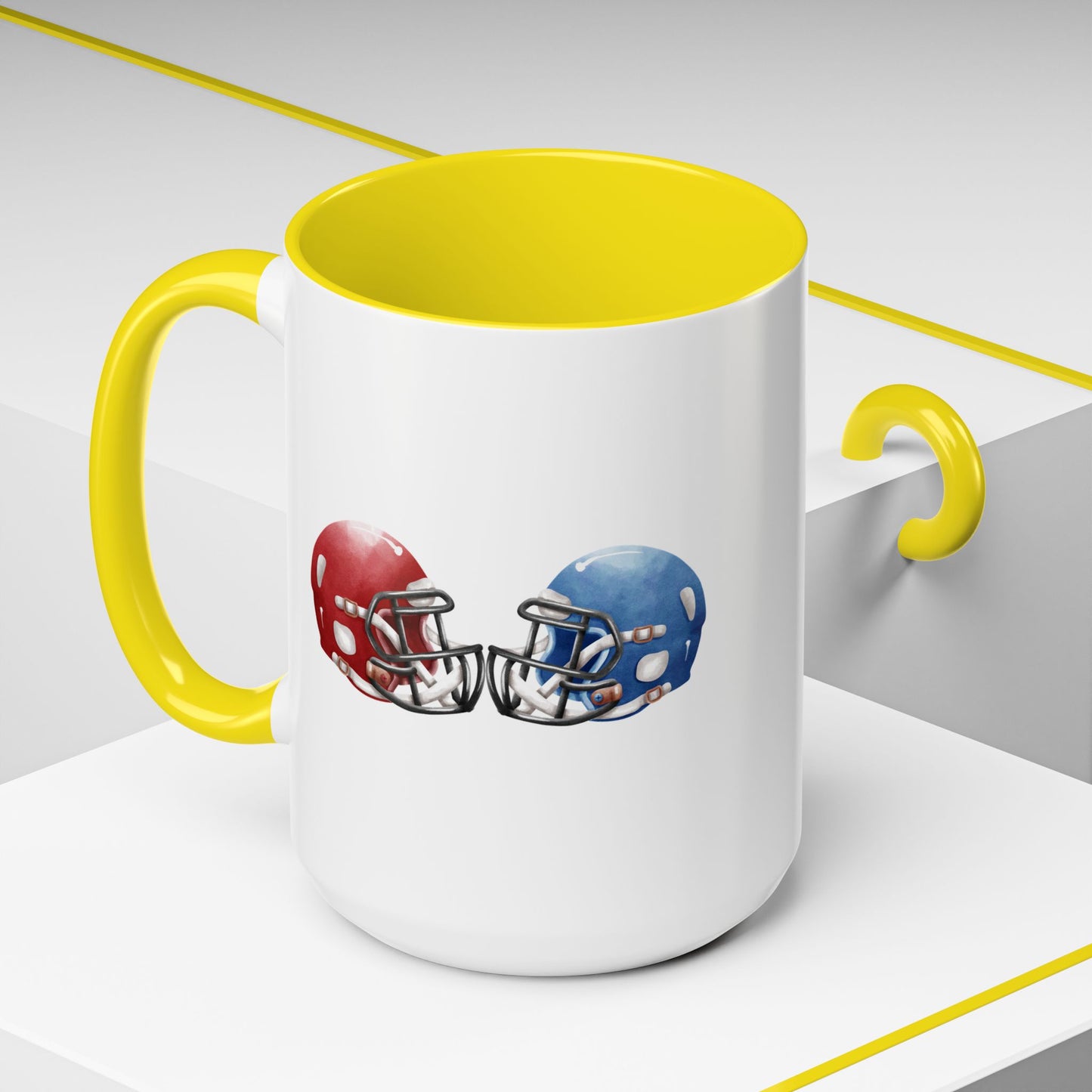 Football Helmet Coffee Mug — Red vs Blue Rivalry Accent Mug (11/15oz)