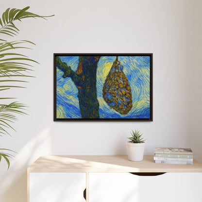 Framed Matte Canvas Art — Van Gogh-Style Swirling Night with Hanging Beehive