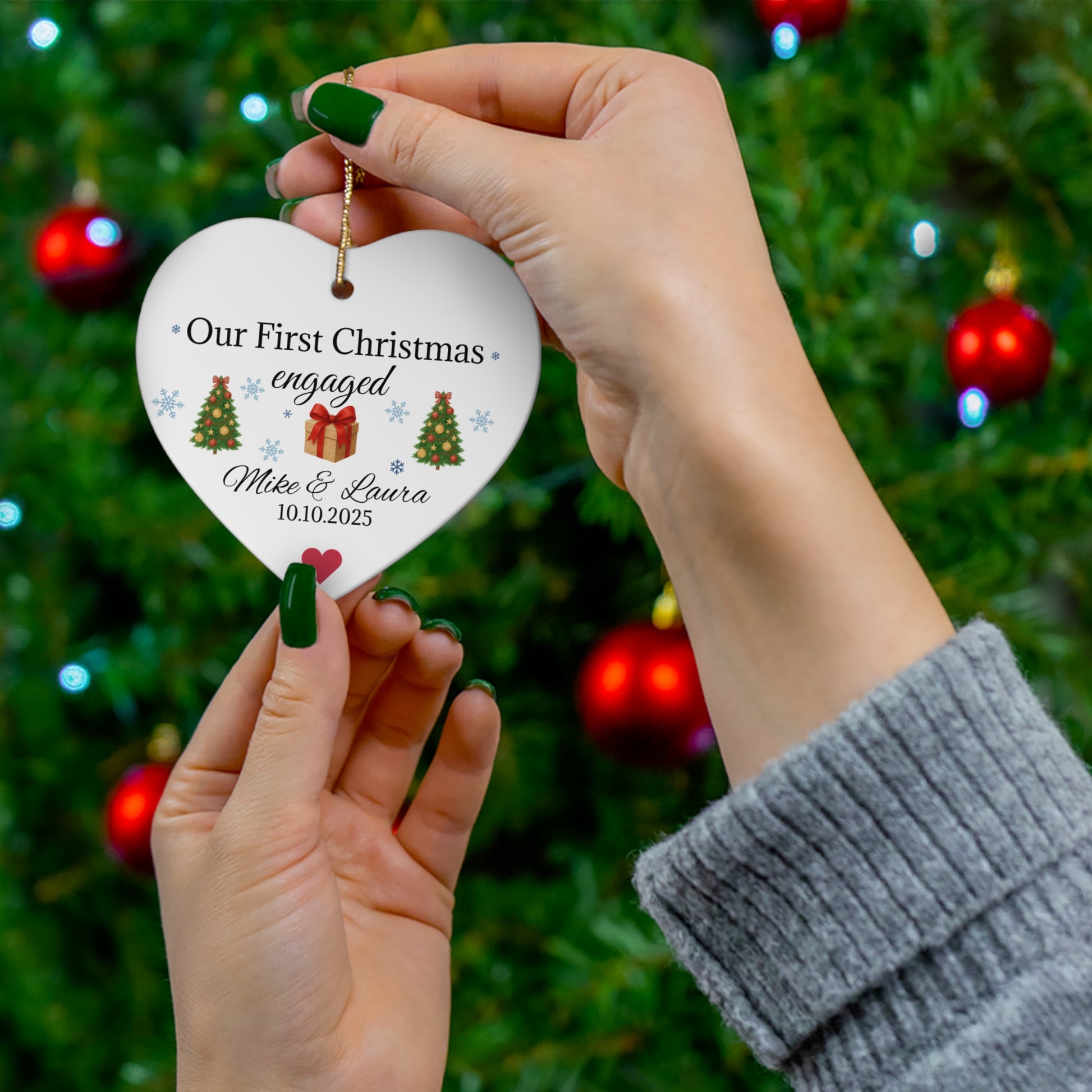Our First Christmas Engaged heart ornament | personalized names and date - TRV
