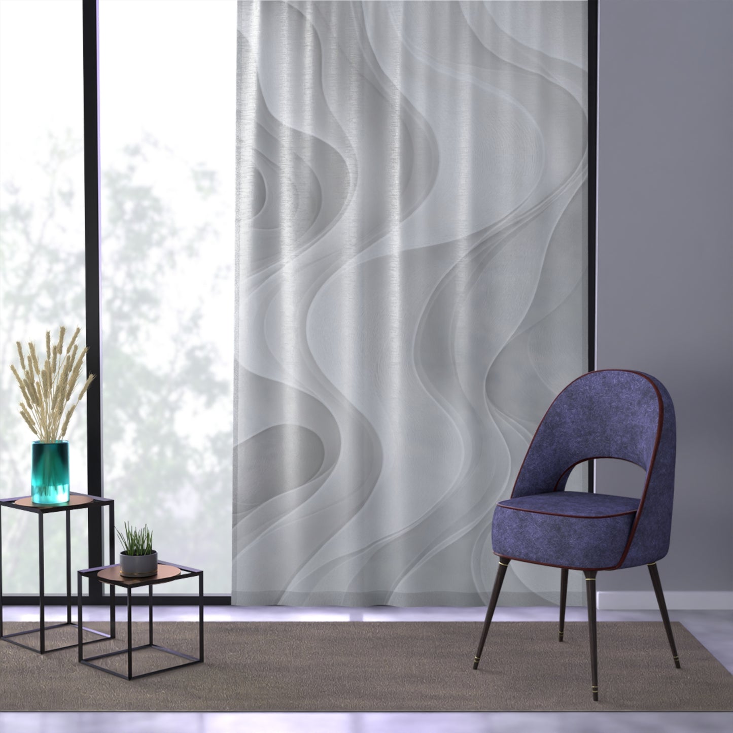 Gray abstract wave design sheer window curtain for modern home decor, showcasing lightweight fabric and stylish pattern.