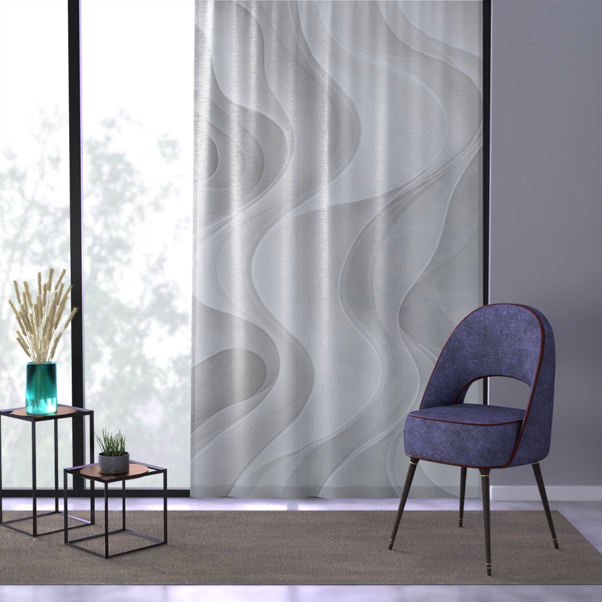 Gray abstract wave design sheer window curtain for modern home decor, showcasing lightweight fabric and stylish pattern.