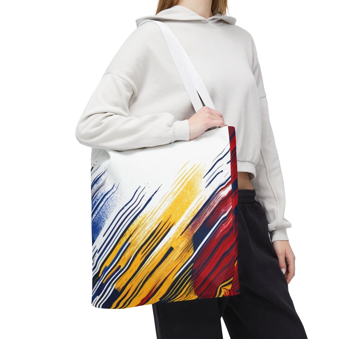 Abstract Brushstroke Tote Bag - Bold Red, Yellow & Blue All-Over Print