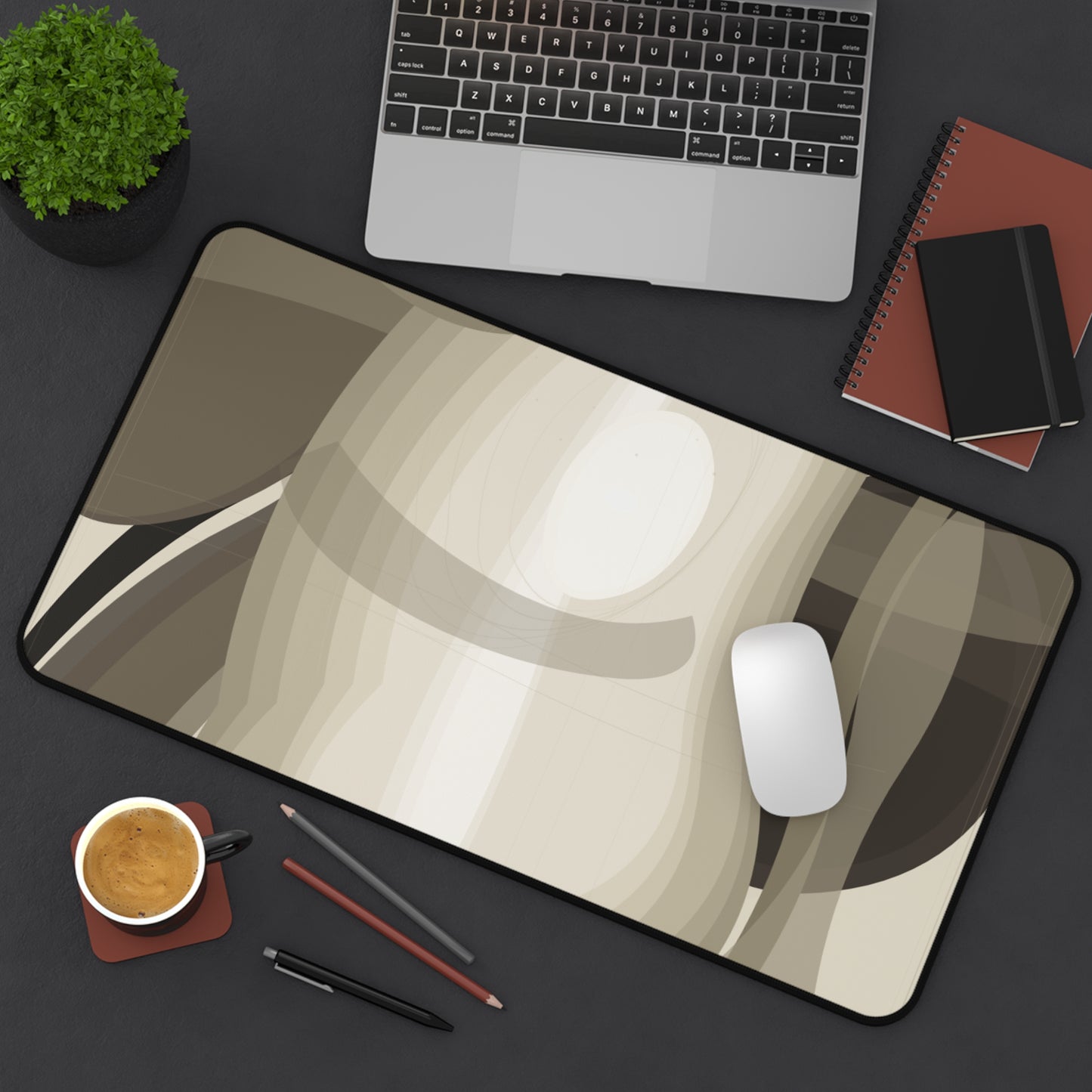 Abstract neutral waves desk mat featuring beige and brown tones, modern mousepad surface for home decor by Printify.