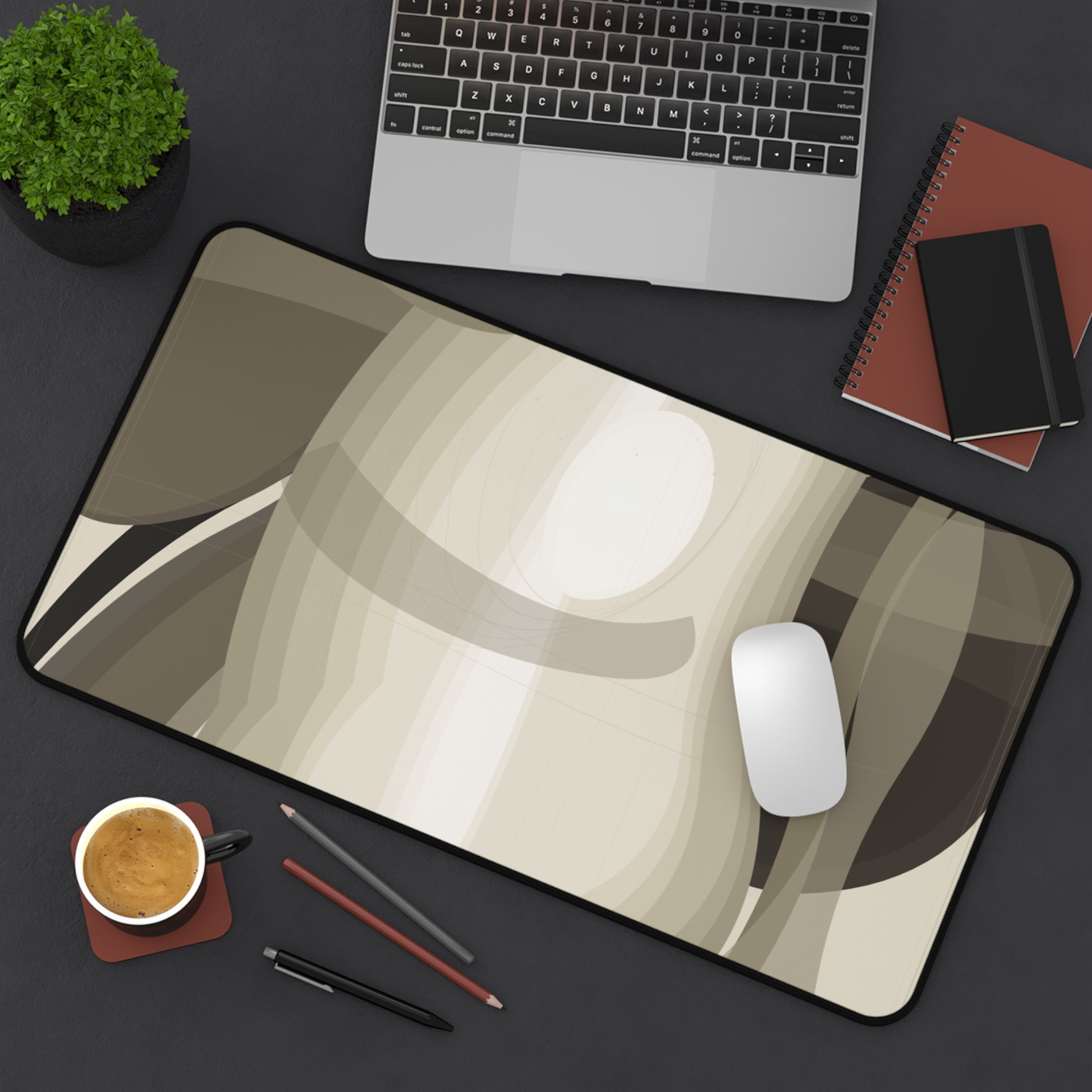 Abstract neutral waves desk mat featuring beige and brown tones, modern mousepad surface for home decor by Printify.