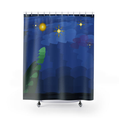 Starry Night Blue Shower Curtain | Nautical Ocean Waves Stars