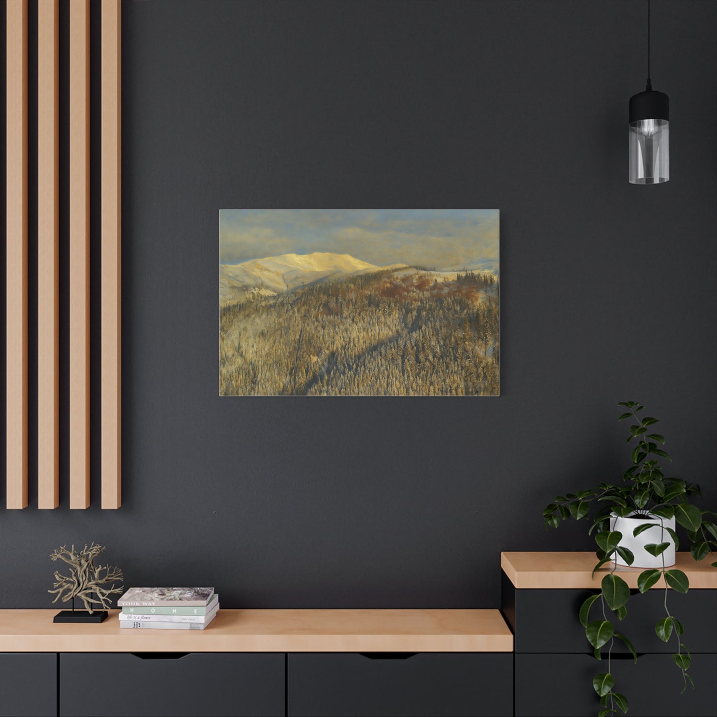 Mountain Serenity Stretched Canvas Art, Winter Landscape Wall Decor, Nature Print for Home, Gift for Nature Lovers, Cozy Interior Accent