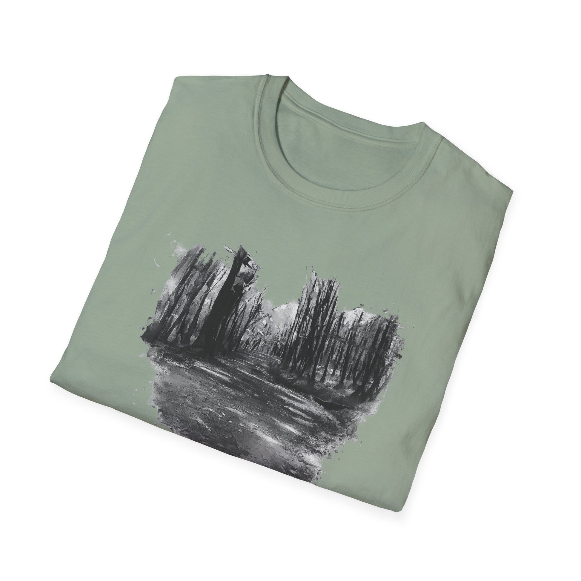 Unisex Softstyle T-Shirt with Abstract Landscape Art, Casual Wear, Gift for Art Lovers, Everyday Fashion, Nature Inspired Tee - TRV