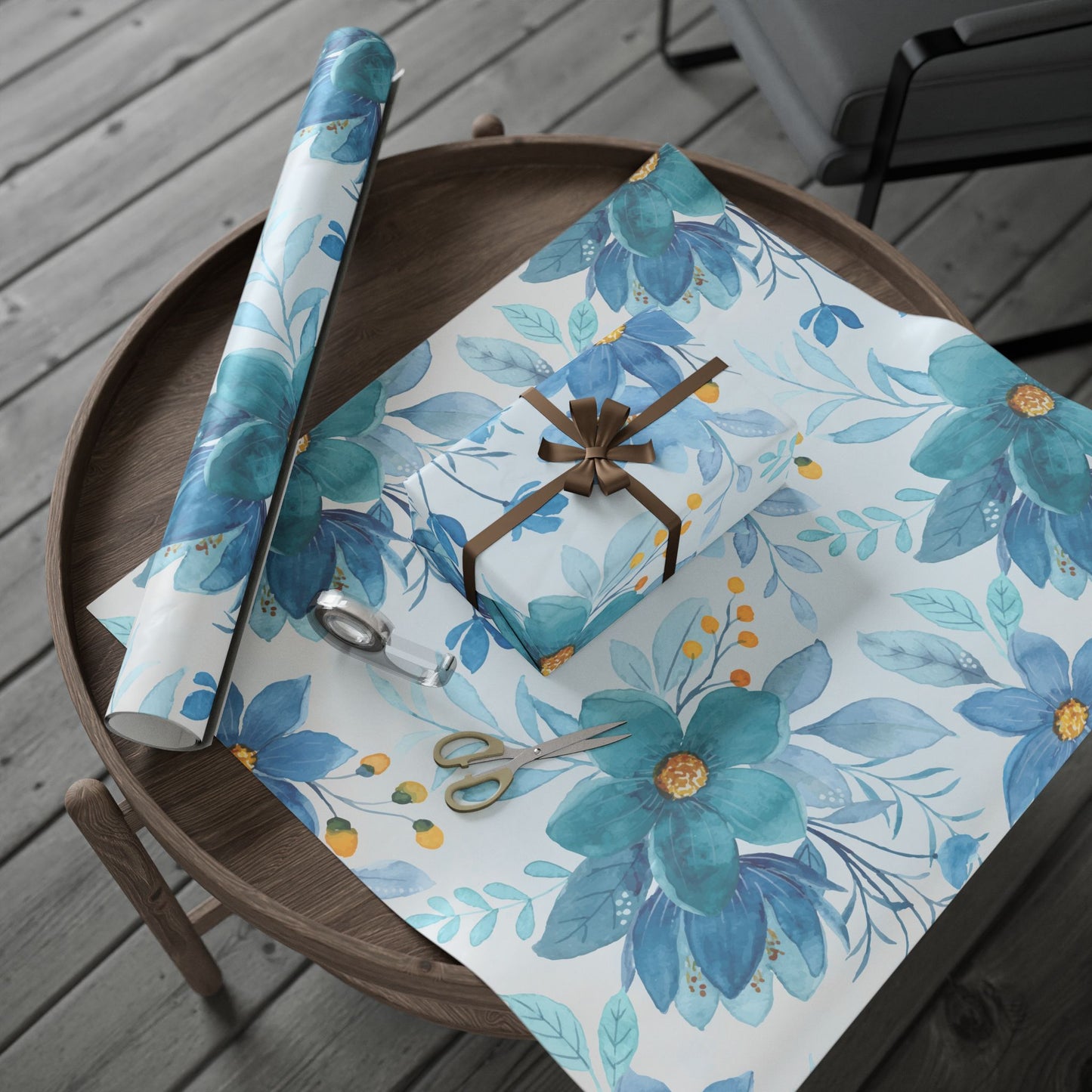Blue Floral Wrapping Paper Roll — Watercolor Bouquet Gift Wrap
