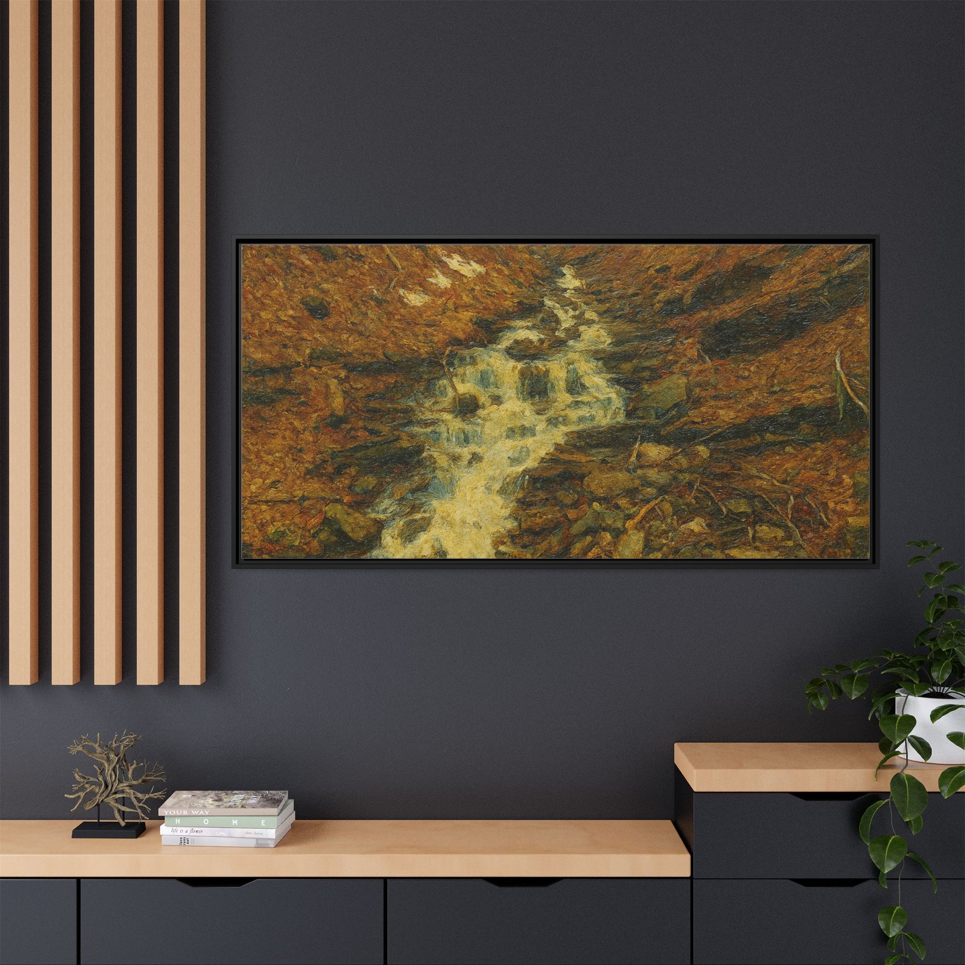 Serene Abstract Nature Canvas Art, Framed Wall Decor, Rustic Home Accent, Earthy Tone Artwork, Tranquil River Scene - TRV