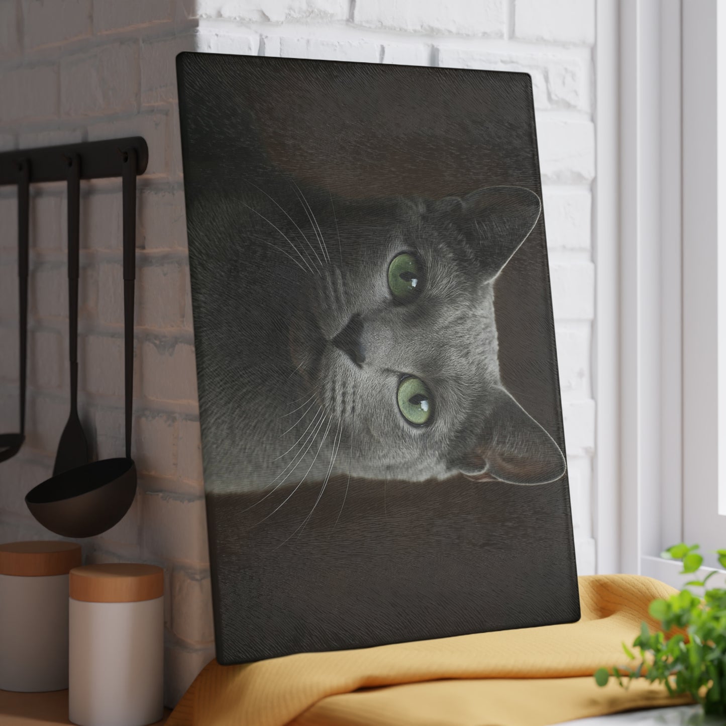 Russian Blue Cat Glass Cutting Board — Decorative Kitchen Cutting Board with Green-Eyed Cat Portrait