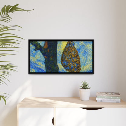 Framed Matte Canvas Art — Van Gogh-Style Swirling Night with Hanging Beehive