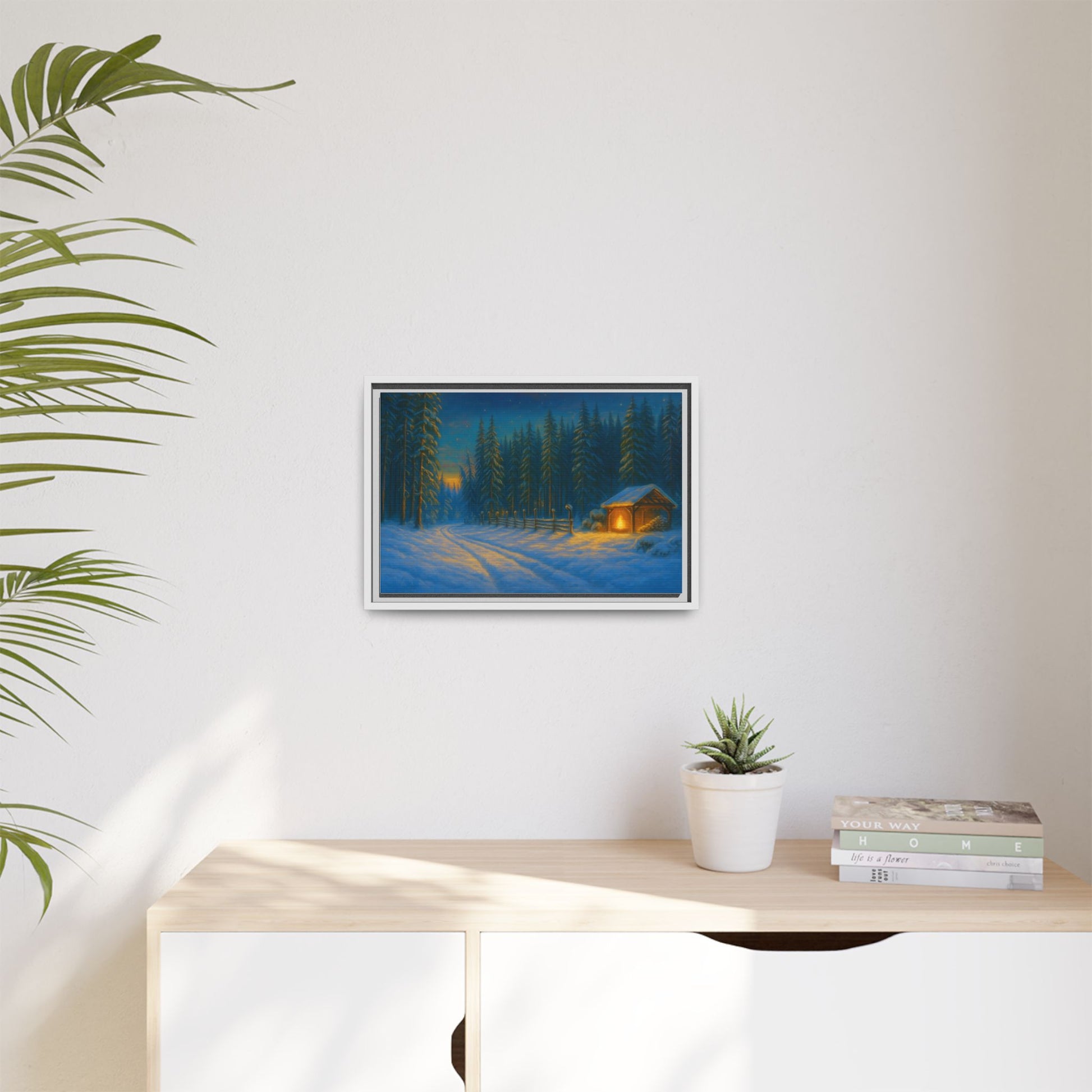 Framed Winter Landscape Canvas, Cozy Cabin Art, Christmas Decor, Winter Home Decor, Holiday Gift, Wall Art - TRV