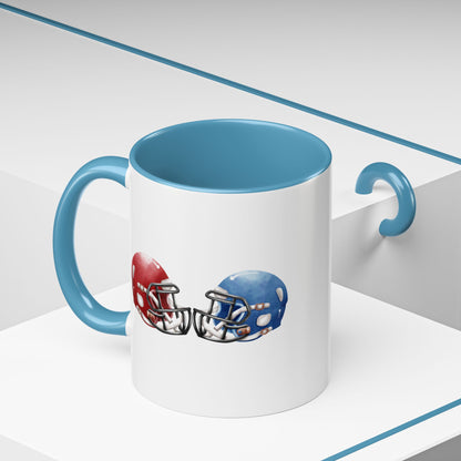 Football Helmet Coffee Mug — Red vs Blue Rivalry Accent Mug (11/15oz)
