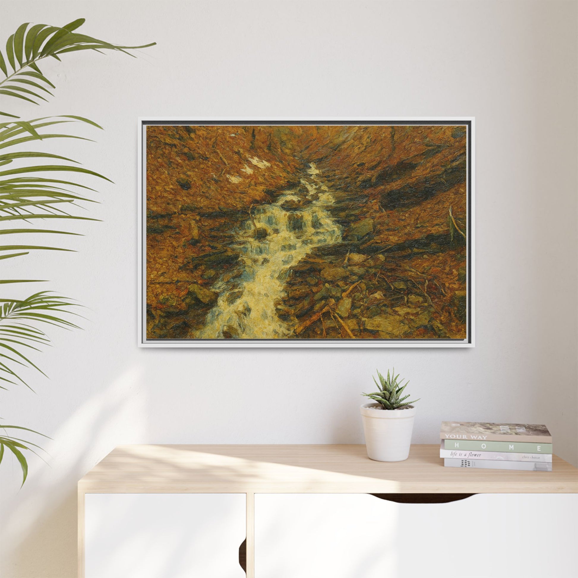 Serene Abstract Nature Canvas Art, Framed Wall Decor, Rustic Home Accent, Earthy Tone Artwork, Tranquil River Scene - TRV
