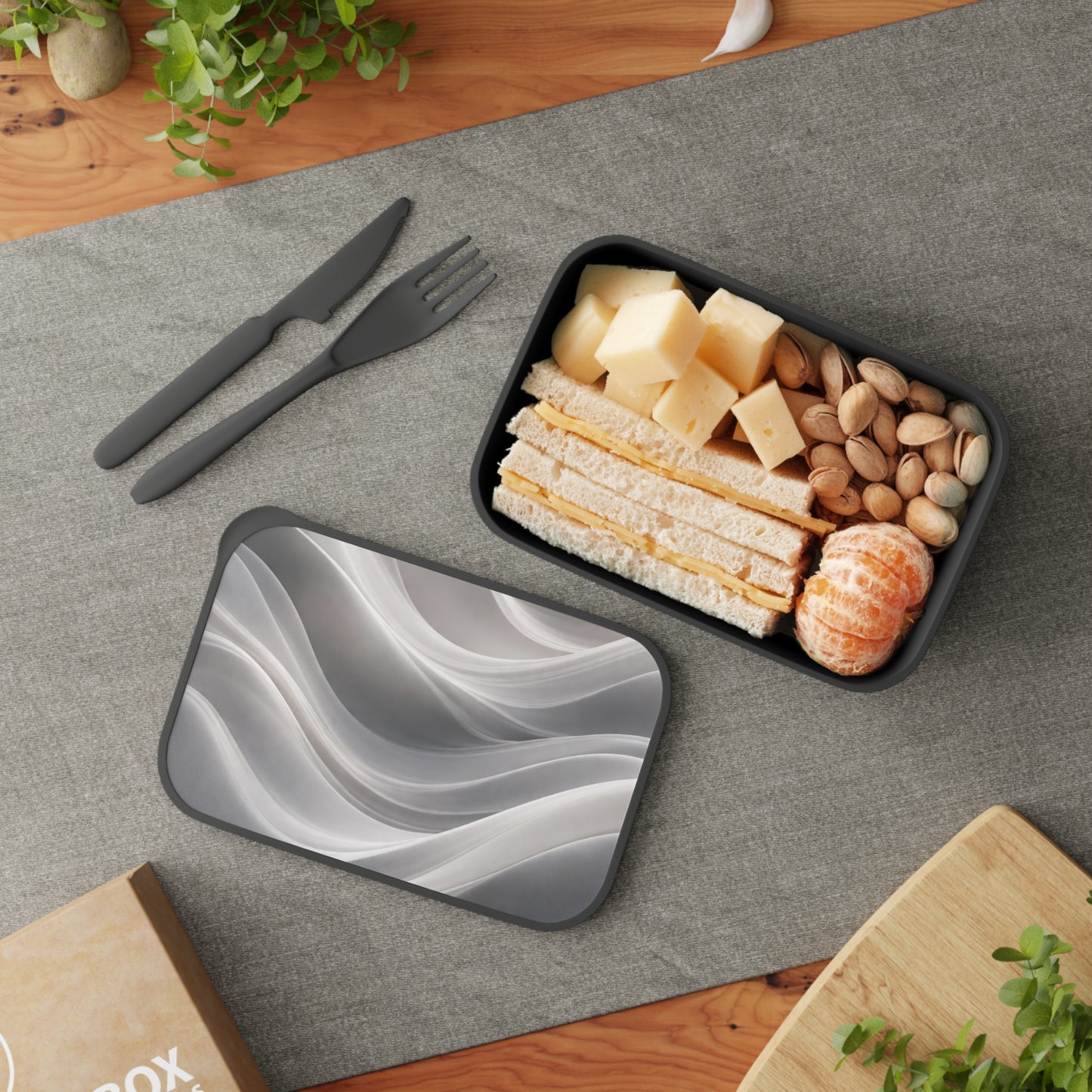 Abstract grey marble waves PLA bento box with band and utensils, eco-friendly lunch container by Printify.