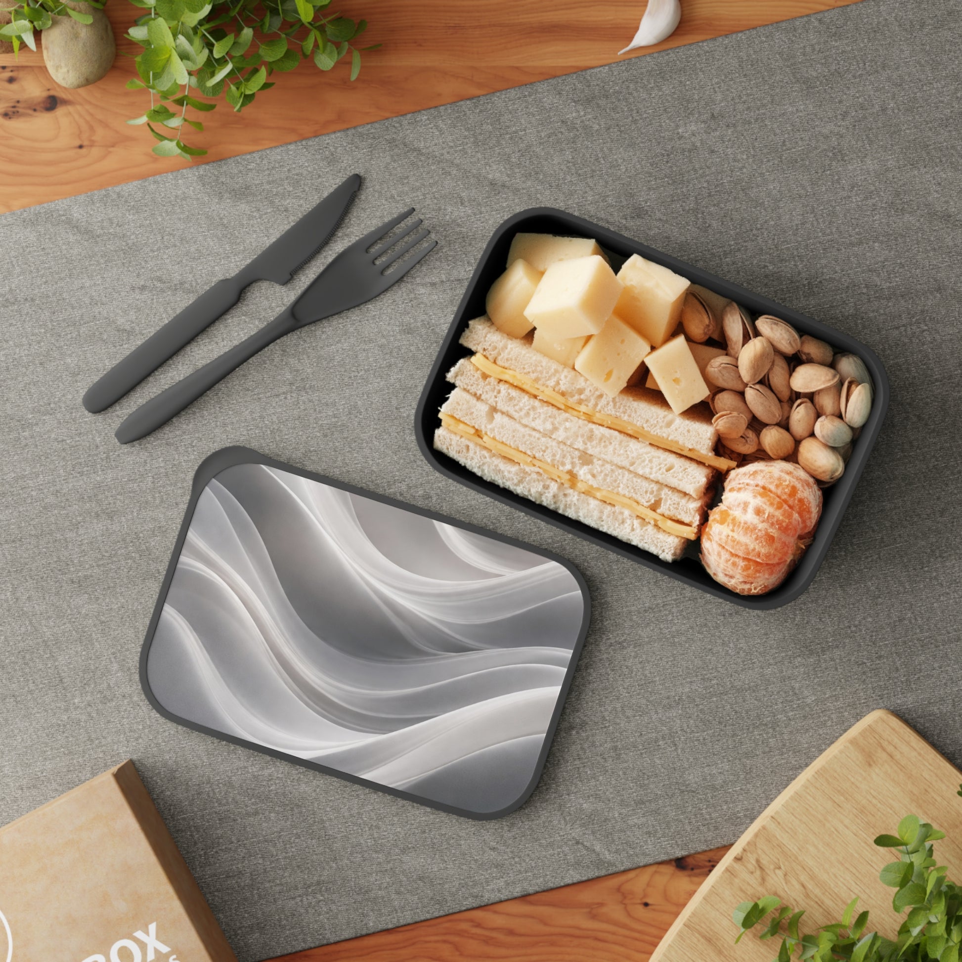 Abstract grey marble waves PLA bento box with band and utensils, eco-friendly lunch container by Printify.