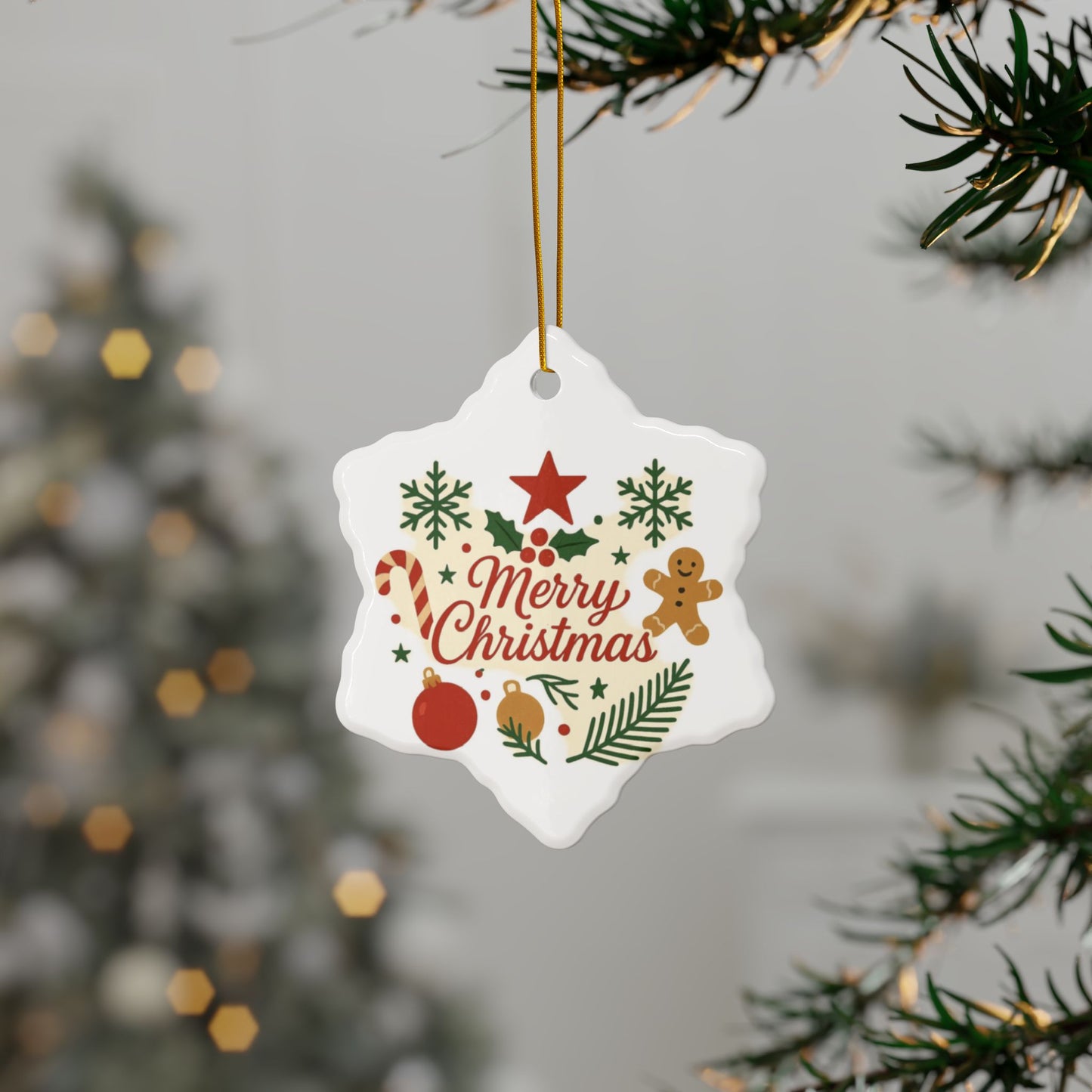 Merry Christmas Ceramic Ornament — Double-Sided Holiday Tree Decoration (Gingerbread & Candy Cane Design)