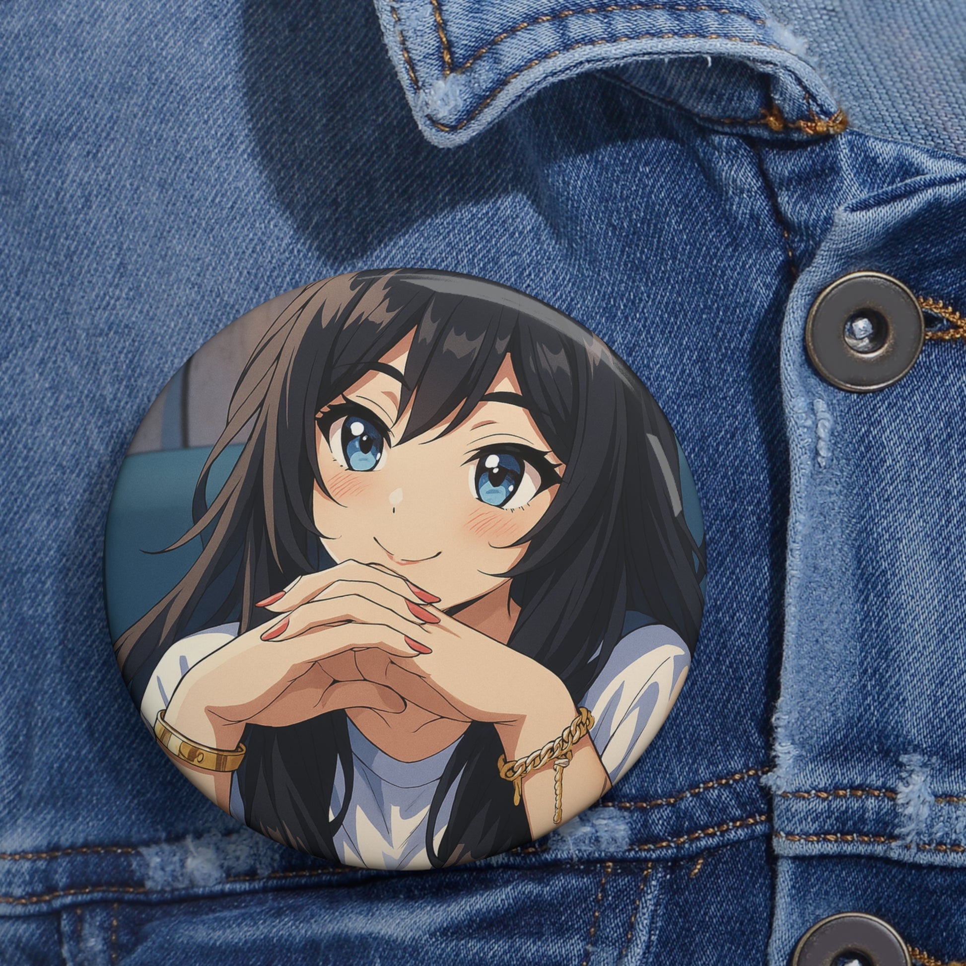Anime girl illustration pin button featuring colorful artwork, perfect as a custom accessory for fans of anime and kawaii style.