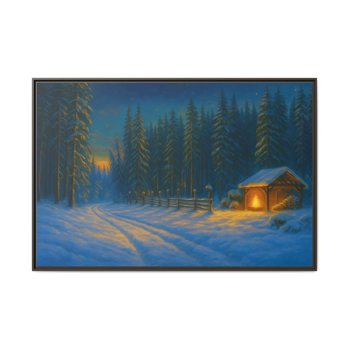 Framed Winter Landscape Canvas, Cozy Cabin Art, Christmas Decor, Winter Home Decor, Holiday Gift, Wall Art - TRV