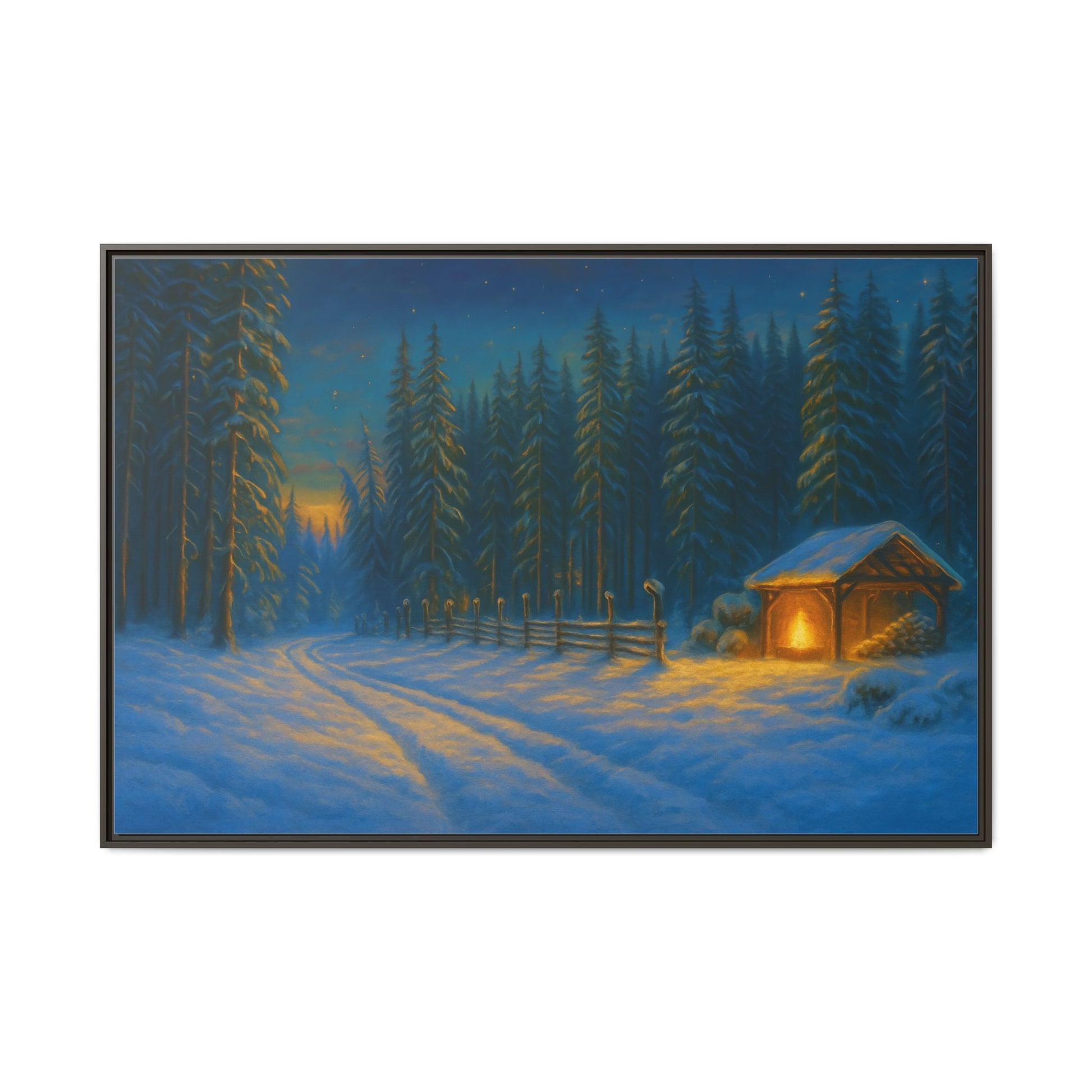 Framed Winter Landscape Canvas, Cozy Cabin Art, Christmas Decor, Winter Home Decor, Holiday Gift, Wall Art - TRV