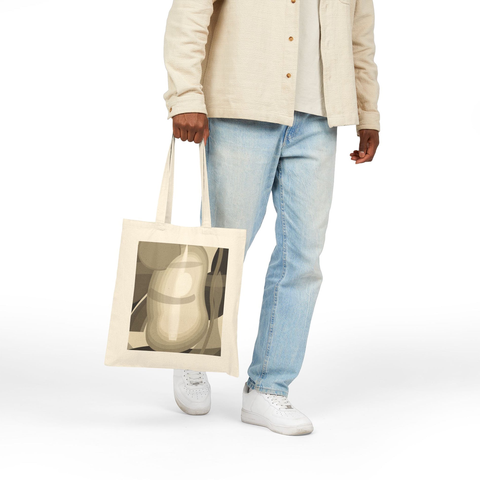 Abstract pear still life tote bag featuring a neutral geometric fruit print, perfect for everyday use.