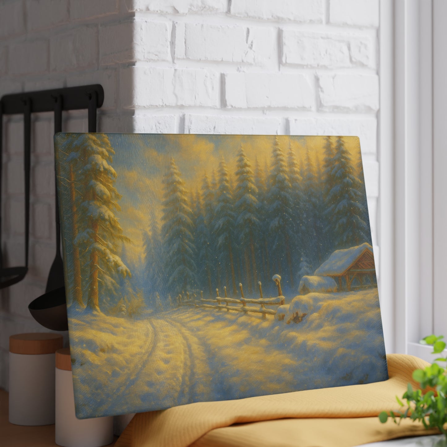 Winter Cabin Glass Cutting Board – Snowy Forest Scenic Kitchen Décor