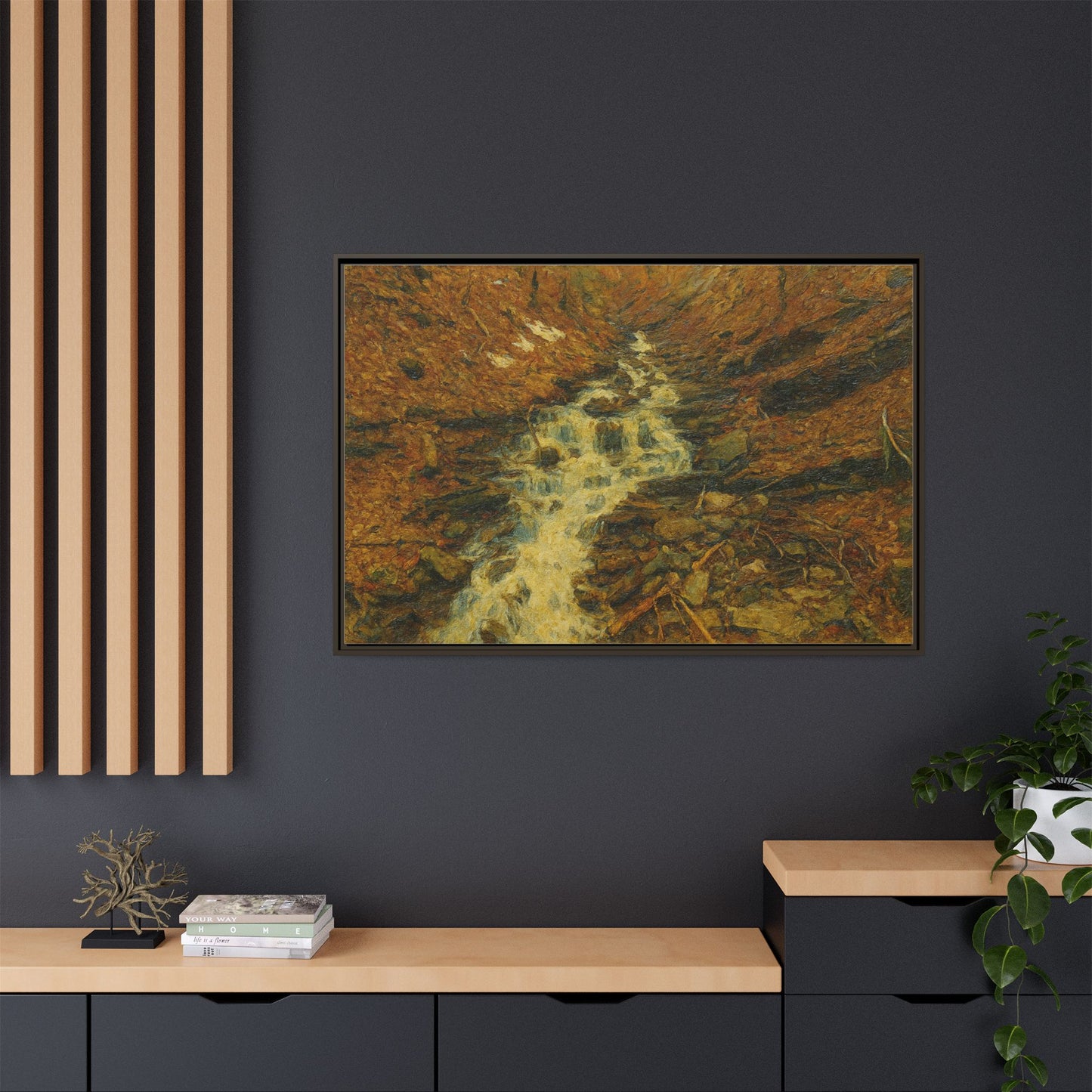 Serene Abstract Nature Canvas Art, Framed Wall Decor, Rustic Home Accent, Earthy Tone Artwork, Tranquil River Scene - TRV