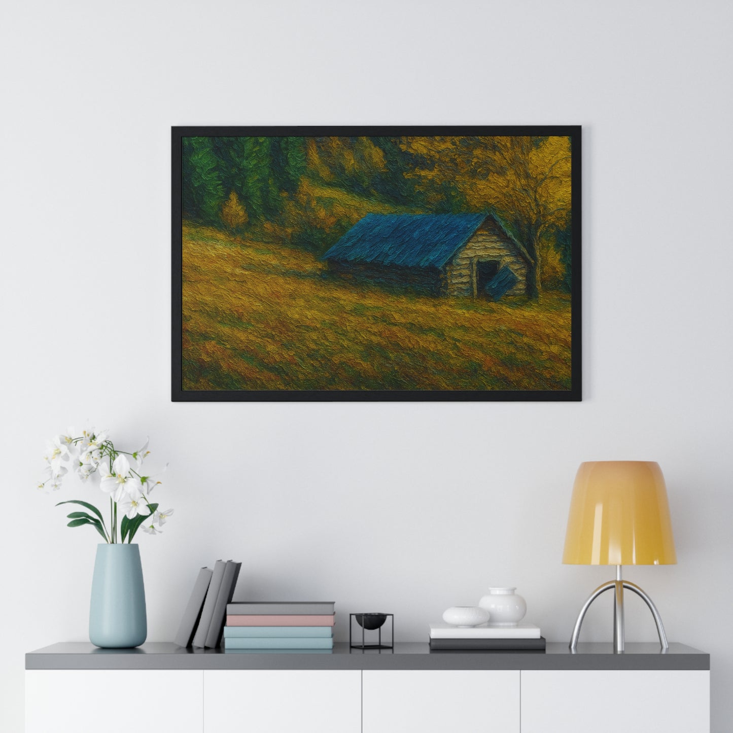 Rustic Cabin Framed Poster, Nature Wall Art, Cozy Home Decor, Gift for Farmhouse Lovers, Autumn Landscape Print - TRV