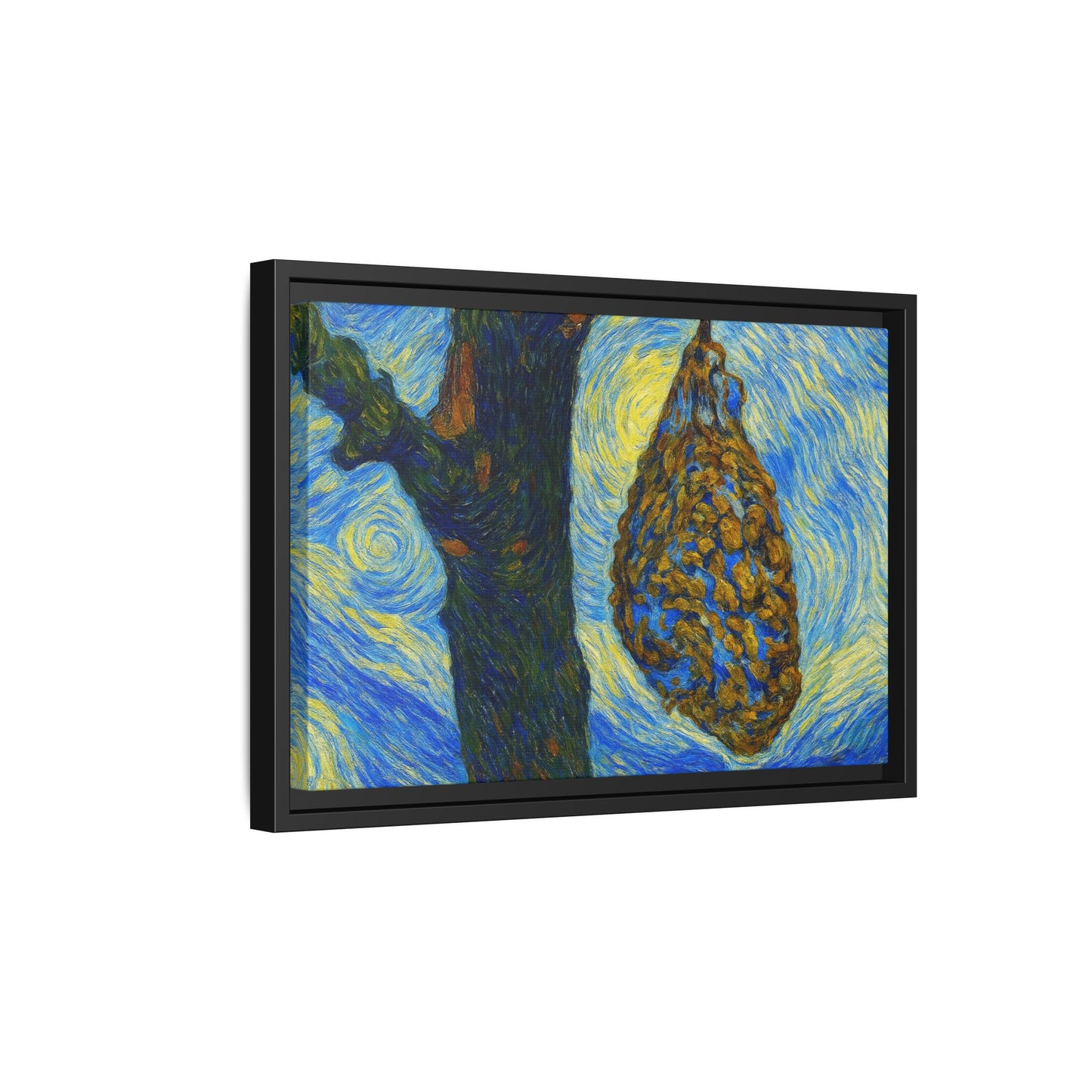 Framed Matte Canvas Art — Van Gogh-Style Swirling Night with Hanging Beehive