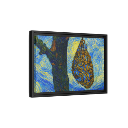 Framed Matte Canvas Art — Van Gogh-Style Swirling Night with Hanging Beehive