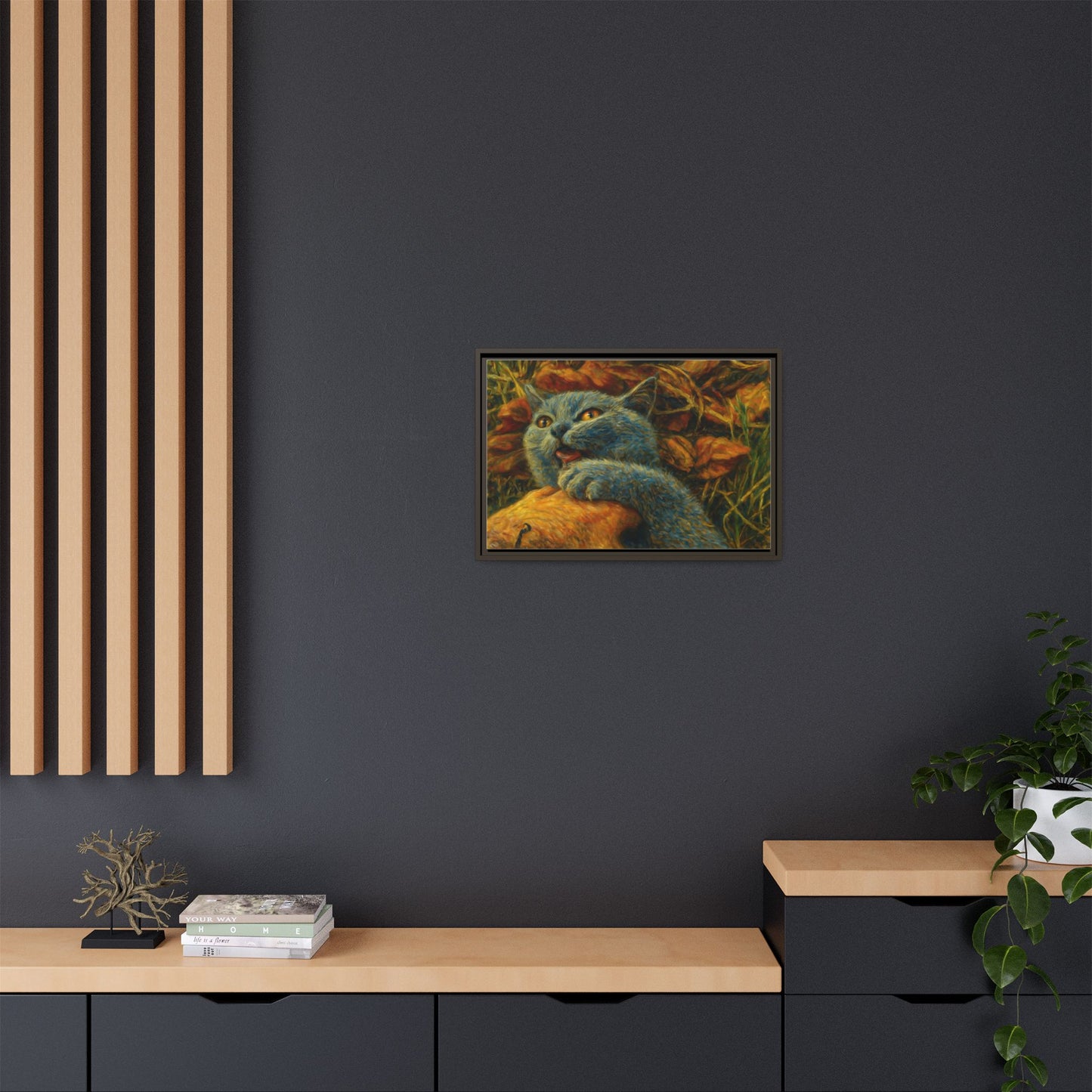 Whimsical Cat Wall Art, Blue Cat Framed Print, Colorful Canvas Decor, Pet Lover Gift, Funny Home Accent