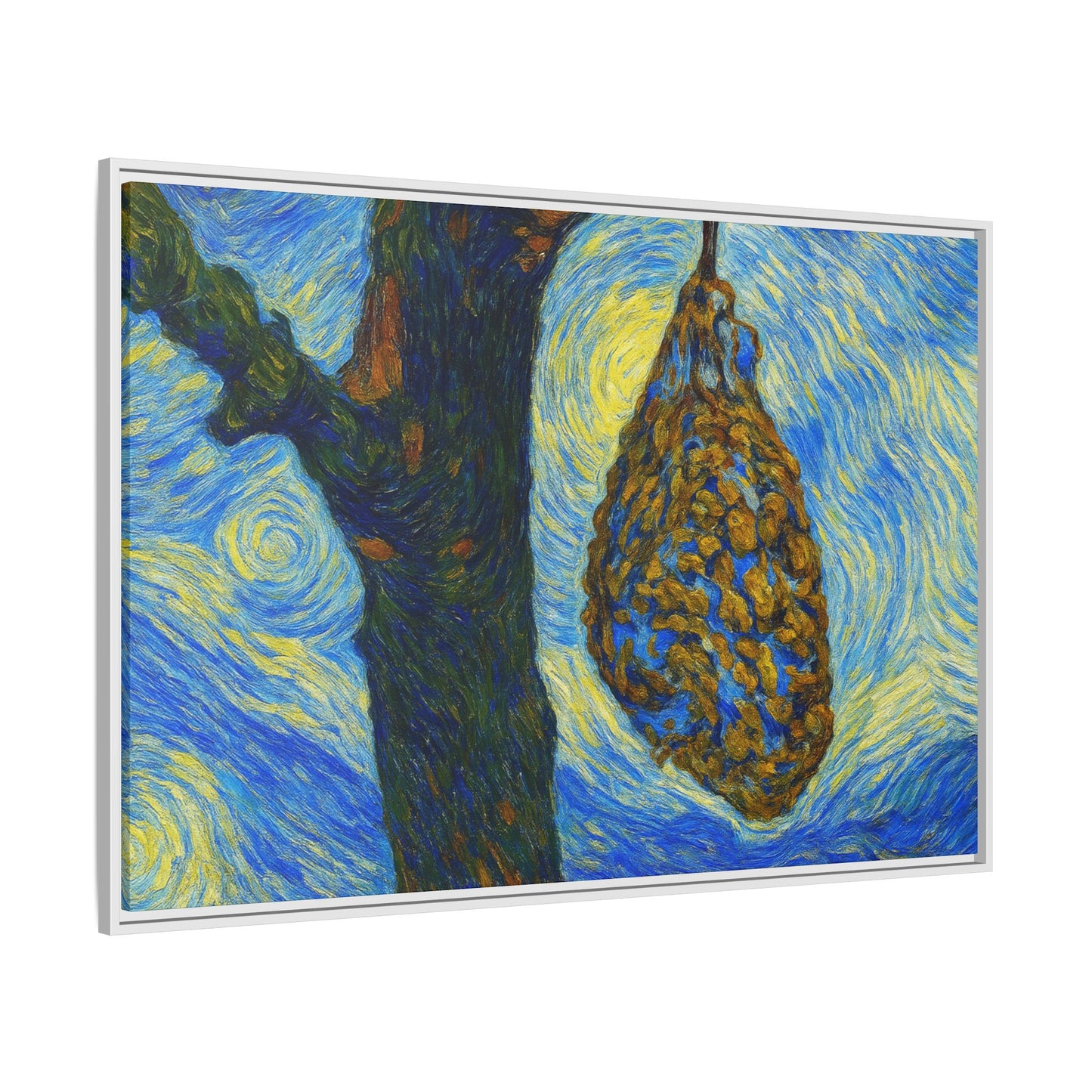 Framed Matte Canvas Art — Van Gogh-Style Swirling Night with Hanging Beehive