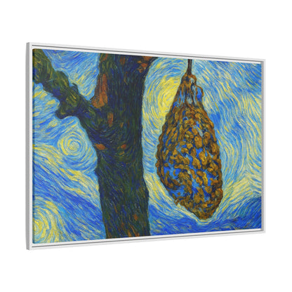 Framed Matte Canvas Art — Van Gogh-Style Swirling Night with Hanging Beehive