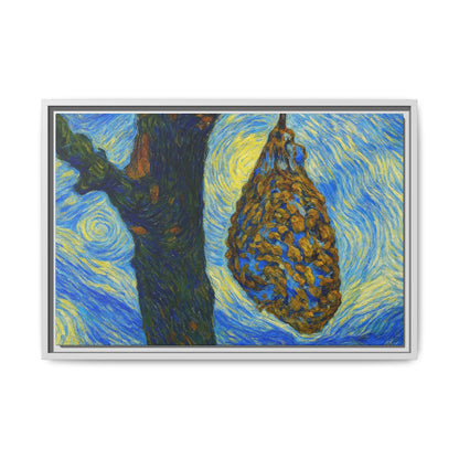 Framed Matte Canvas Art — Van Gogh-Style Swirling Night with Hanging Beehive