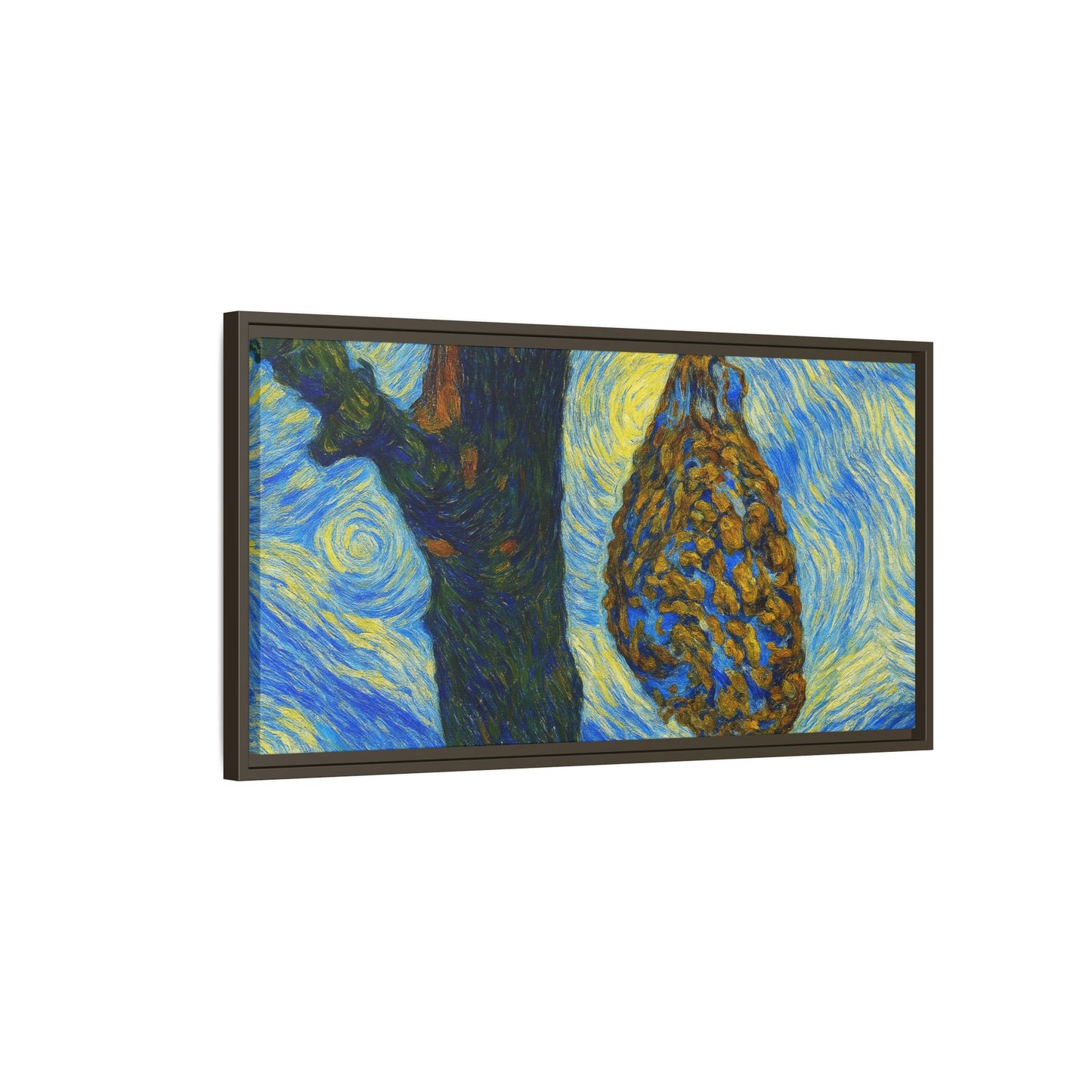 Framed Matte Canvas Art — Van Gogh-Style Swirling Night with Hanging Beehive