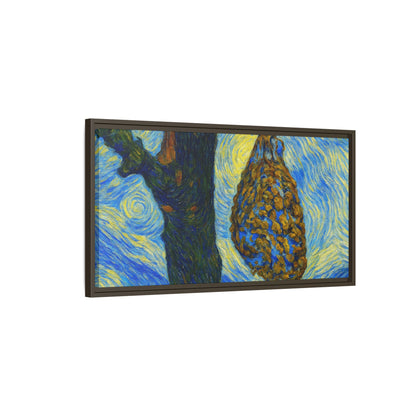 Framed Matte Canvas Art — Van Gogh-Style Swirling Night with Hanging Beehive