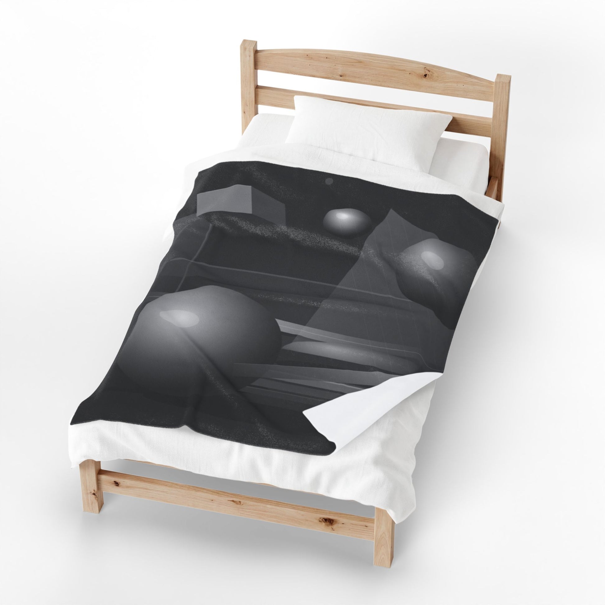 Velveteen plush blanket featuring 3D geometric spheres, abstract cube and sphere pattern in all-over print style by Printify.