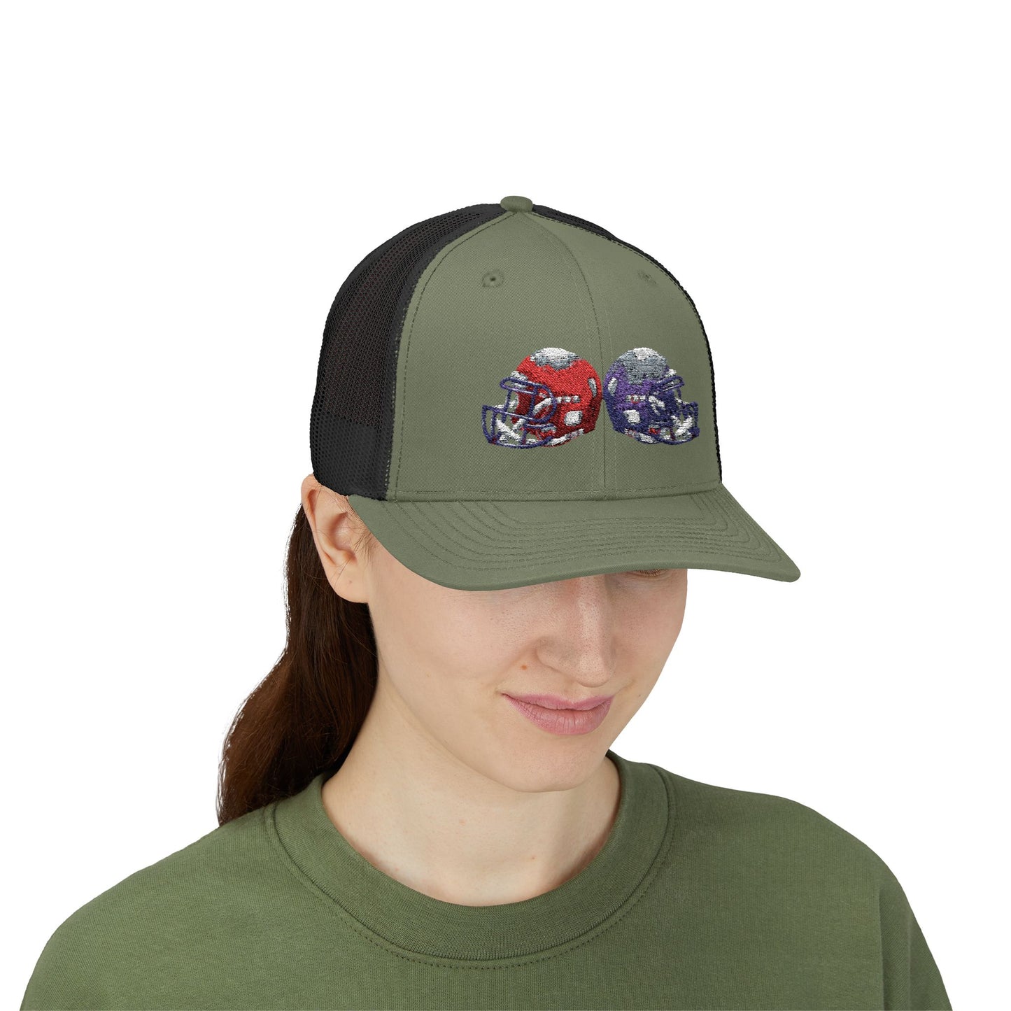 Sporty Snapback Trucker Cap with Football Helmets, Baseball Cap, Outdoor Activity Hat, Gift for Sports Fans, Team Spirit Wear - TRV