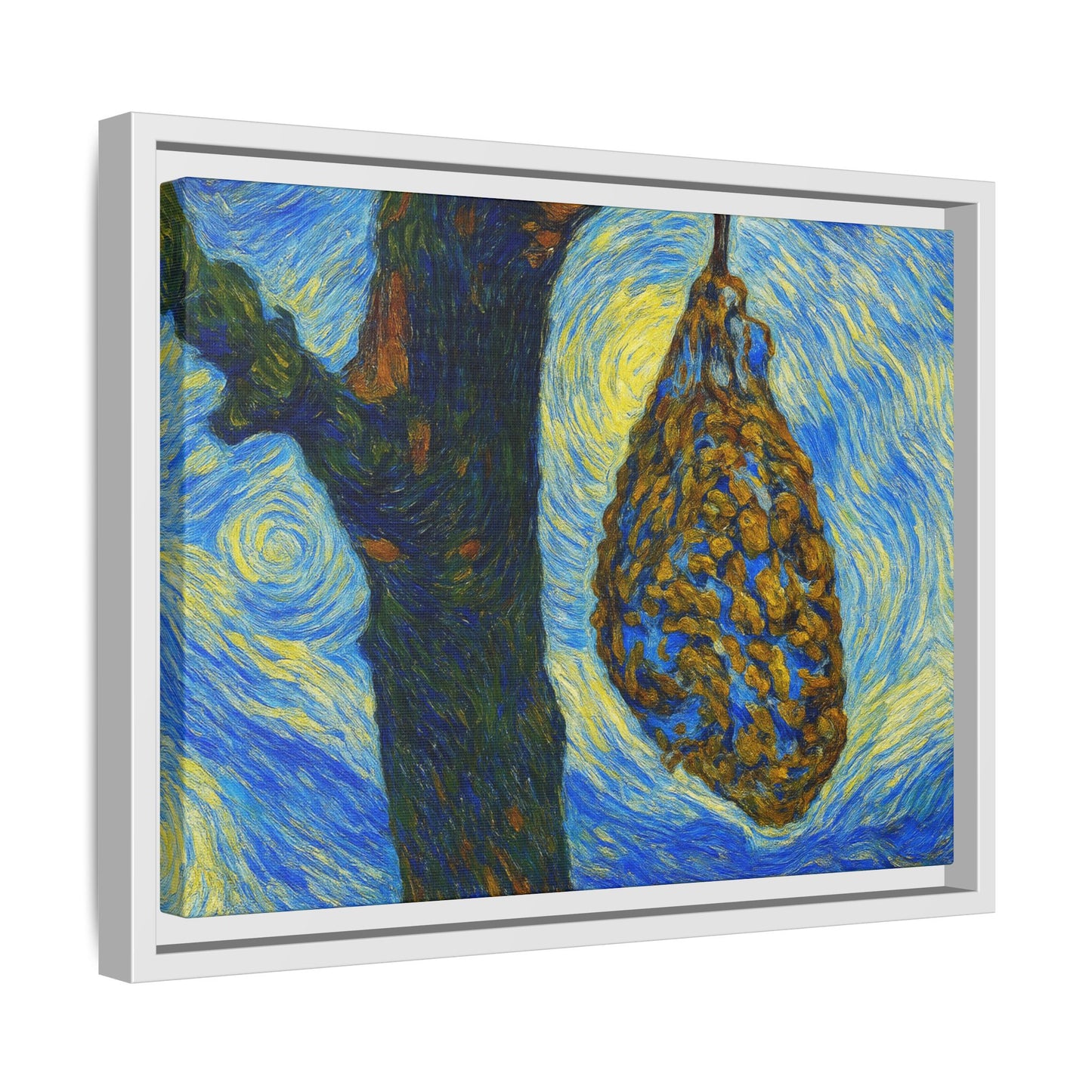 Framed Matte Canvas Art — Van Gogh-Style Swirling Night with Hanging Beehive