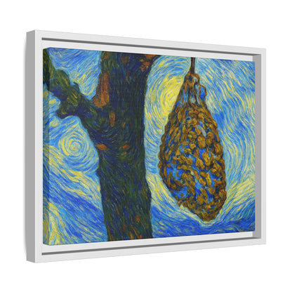 Framed Matte Canvas Art — Van Gogh-Style Swirling Night with Hanging Beehive