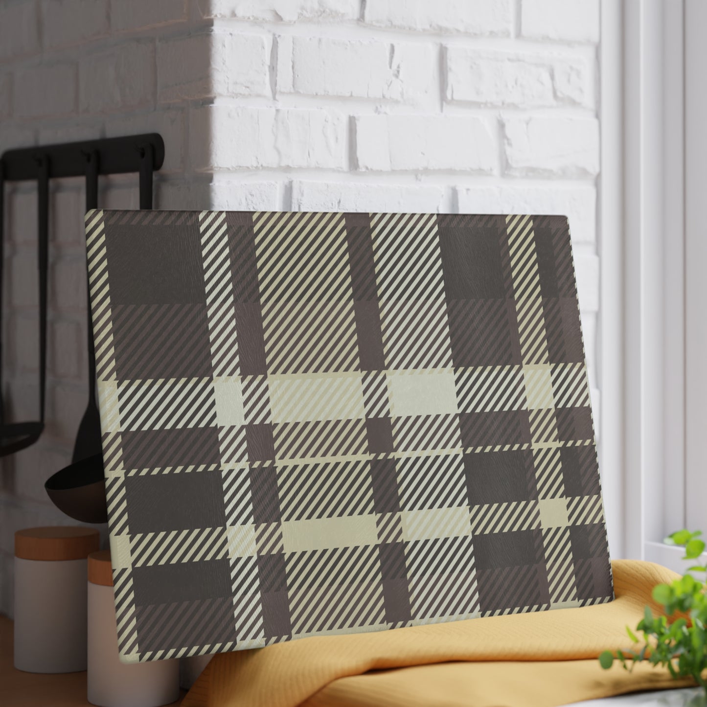 Plaid Glass Cutting Board — Neutral Buffalo Check Kitchen Board