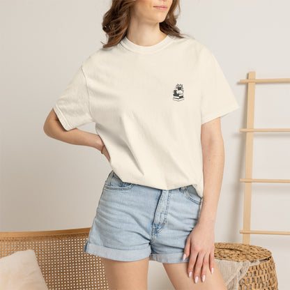 Cozy Cat on Books T-Shirt | Reading Tea Stack Illustration