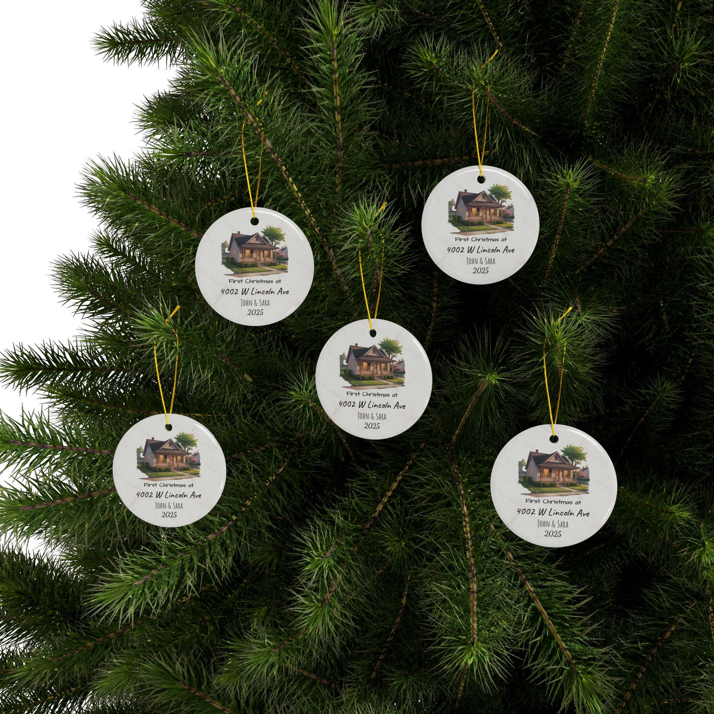 Custom House Illustration Ceramic Ornament | Personalized Address & Names, 2-Side Christmas Ornament - TRV