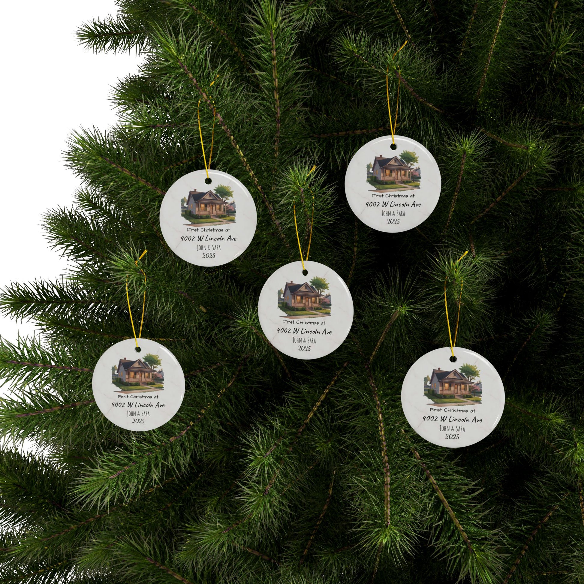Custom House Illustration Ceramic Ornament | Personalized Address & Names, 2-Side Christmas Ornament - TRV