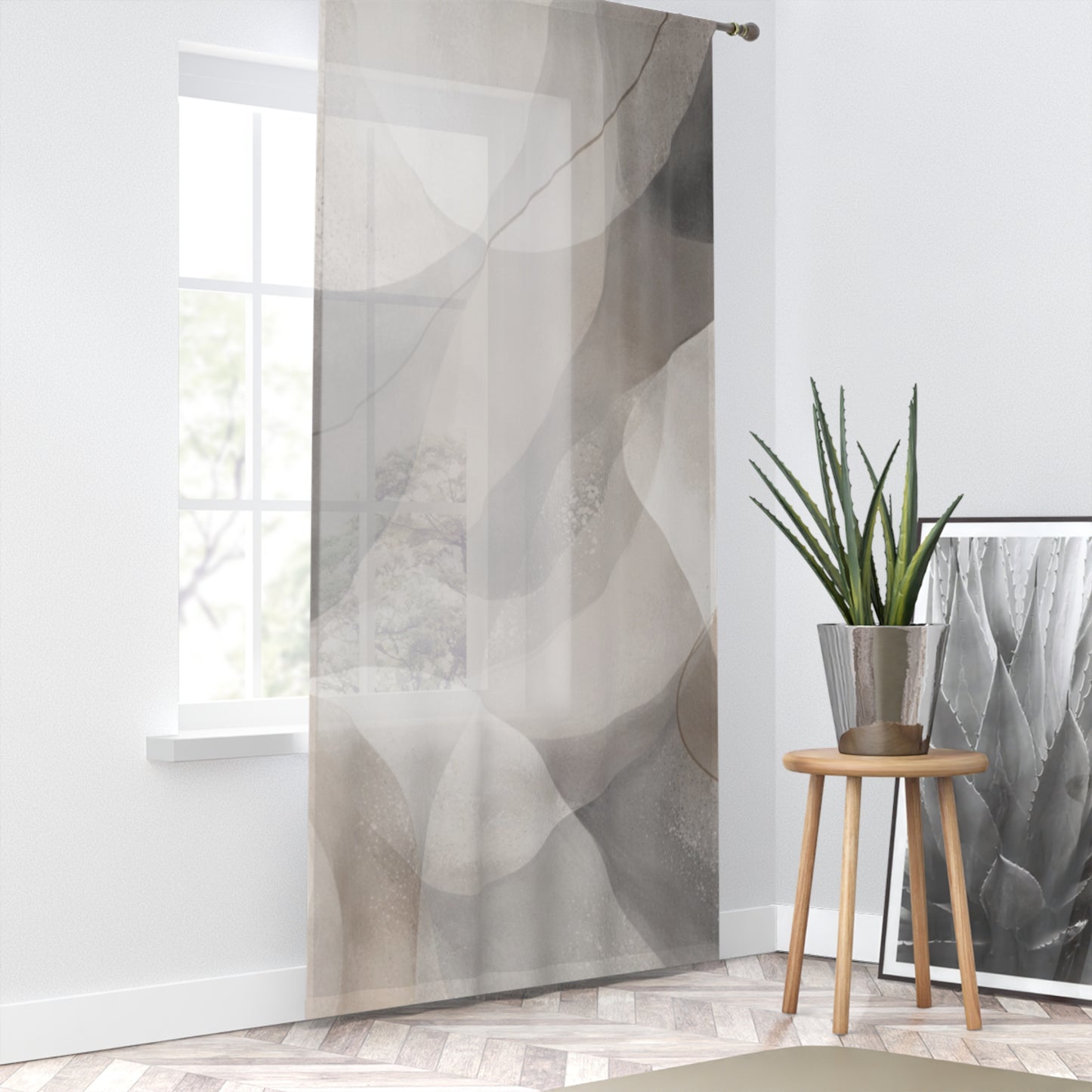 Light-filtering sheer window curtain featuring abstract neutral wave geometric pattern for modern home decor by Printify.