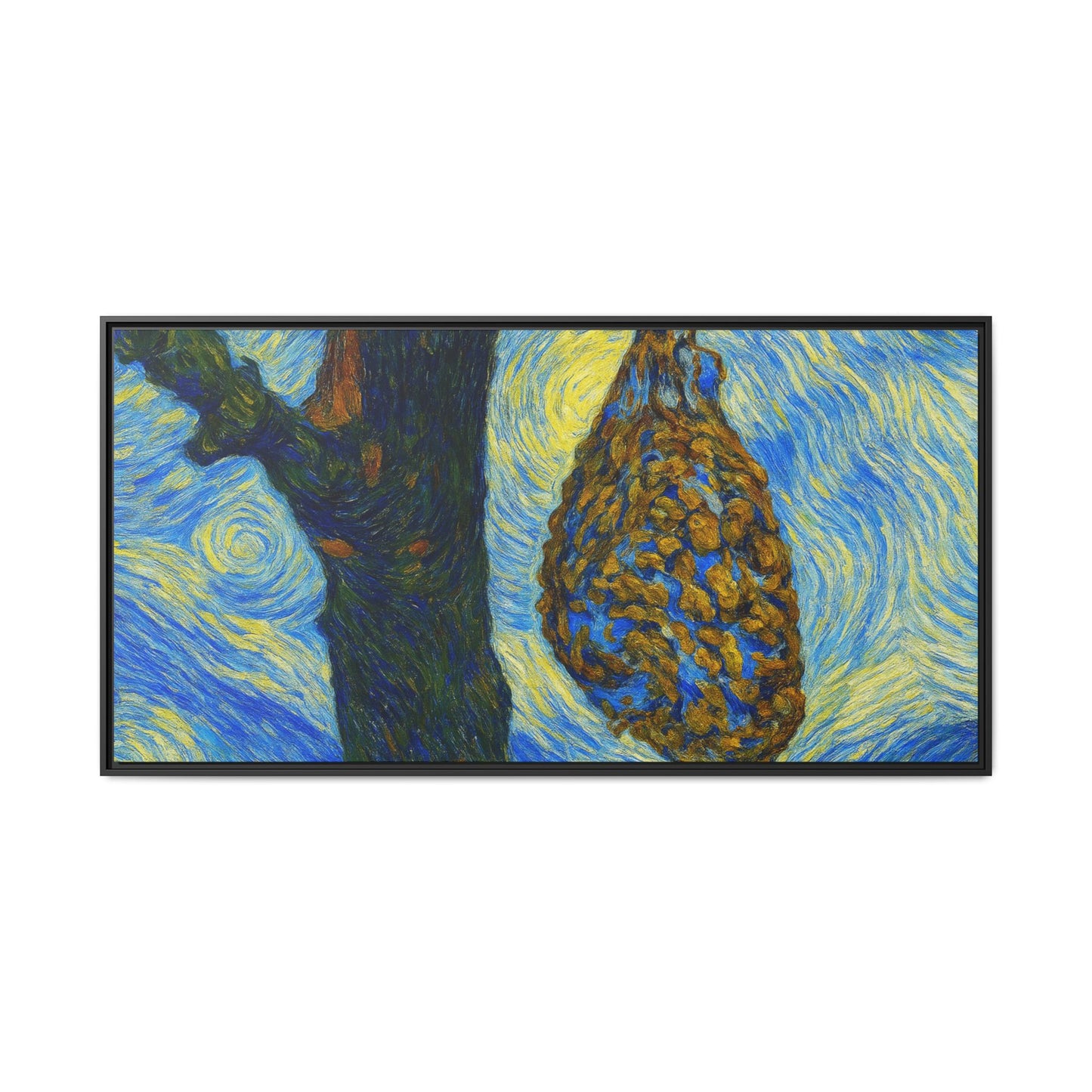 Framed Matte Canvas Art — Van Gogh-Style Swirling Night with Hanging Beehive