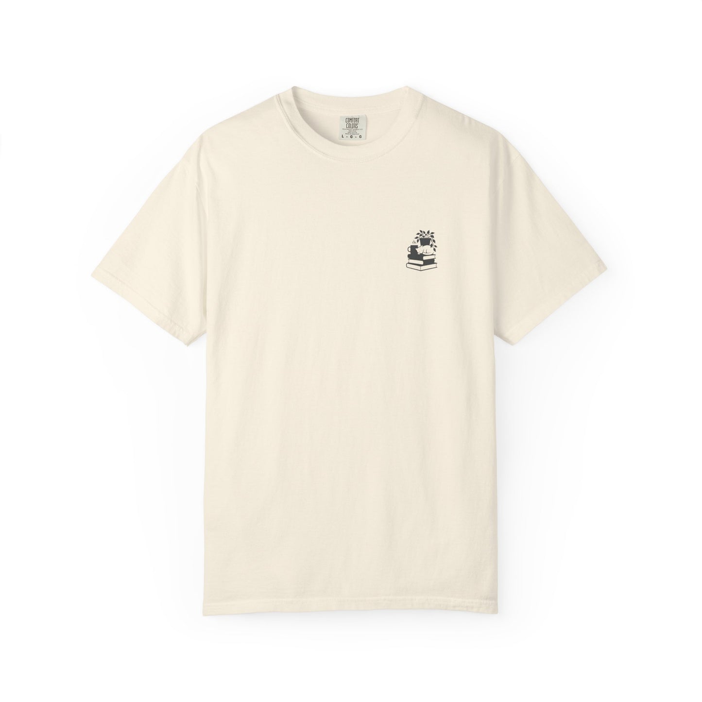 Cozy Cat on Books T-Shirt | Reading Tea Stack Illustration