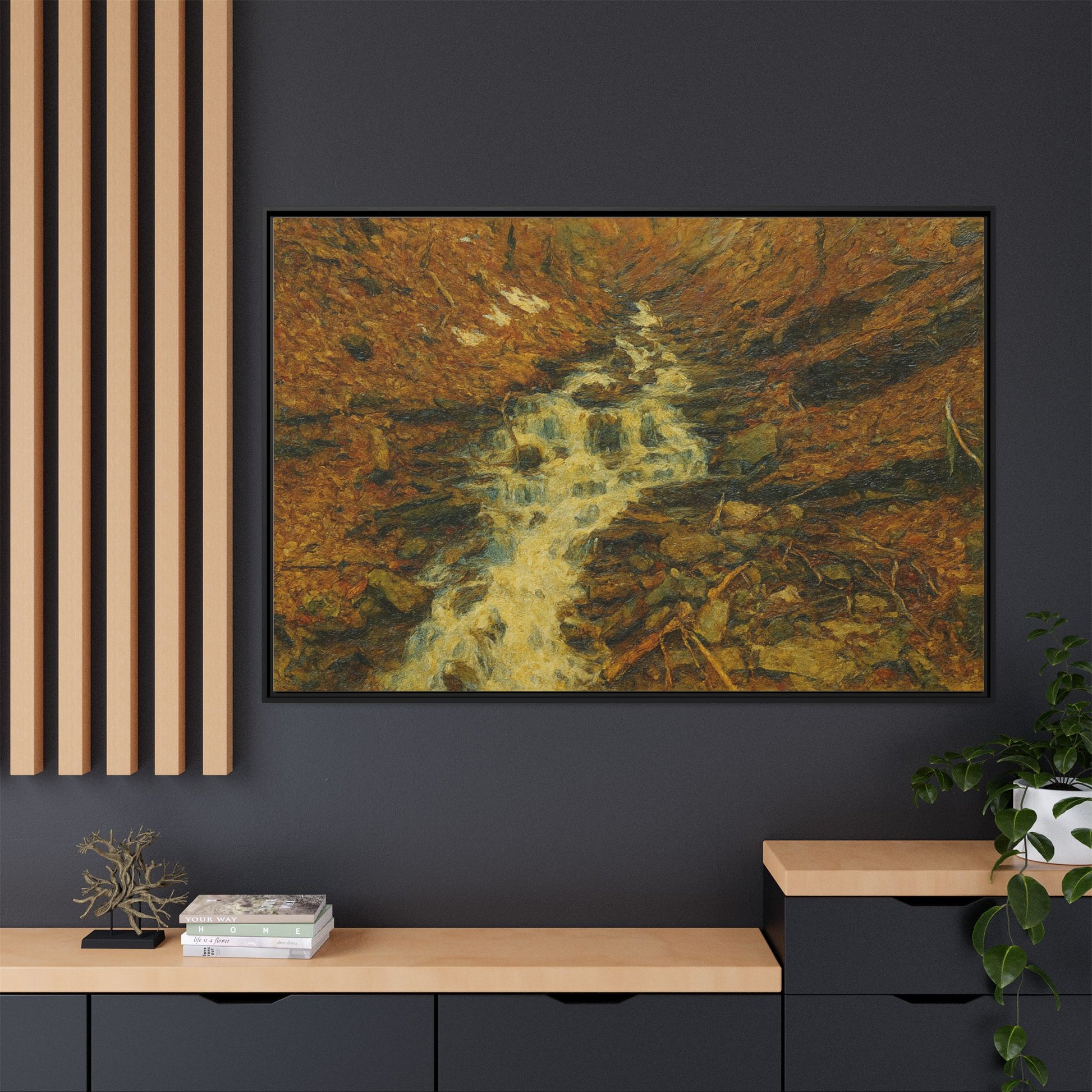 Serene Abstract Nature Canvas Art, Framed Wall Decor, Rustic Home Accent, Earthy Tone Artwork, Tranquil River Scene - TRV