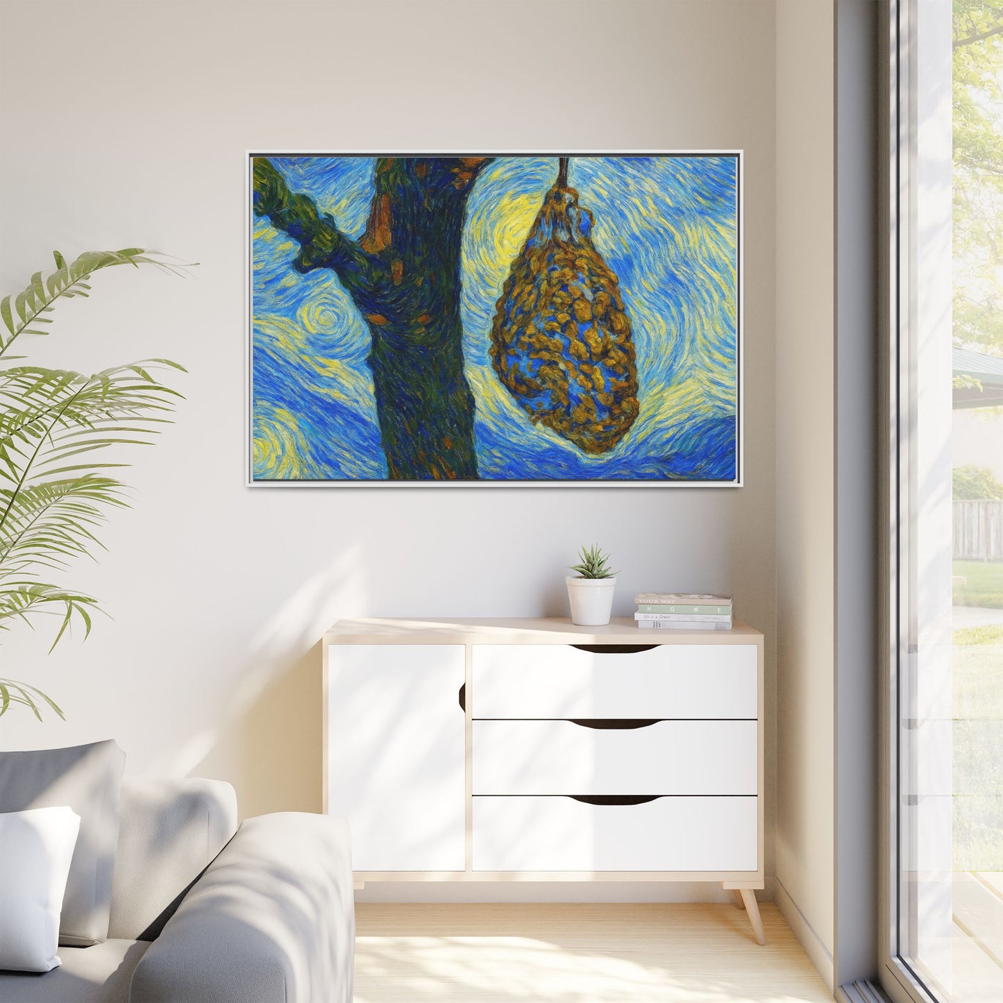 Framed Matte Canvas Art — Van Gogh-Style Swirling Night with Hanging Beehive