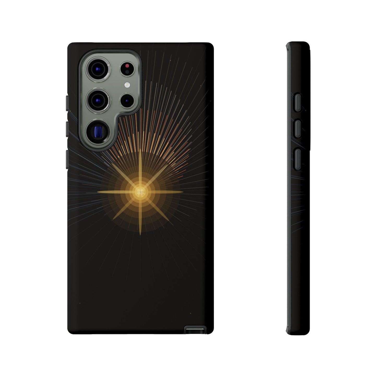 Tough Cases - Radiant Star Phone Case, Protective Black Shockproof Cover with Golden Light Design